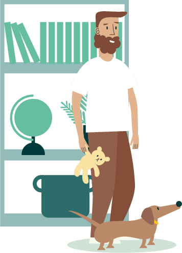Man standing next to bookcase with a dog wagging their tail